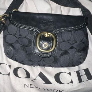 Coach Black Wristlet with Gold Buckle and Tattersall print interior